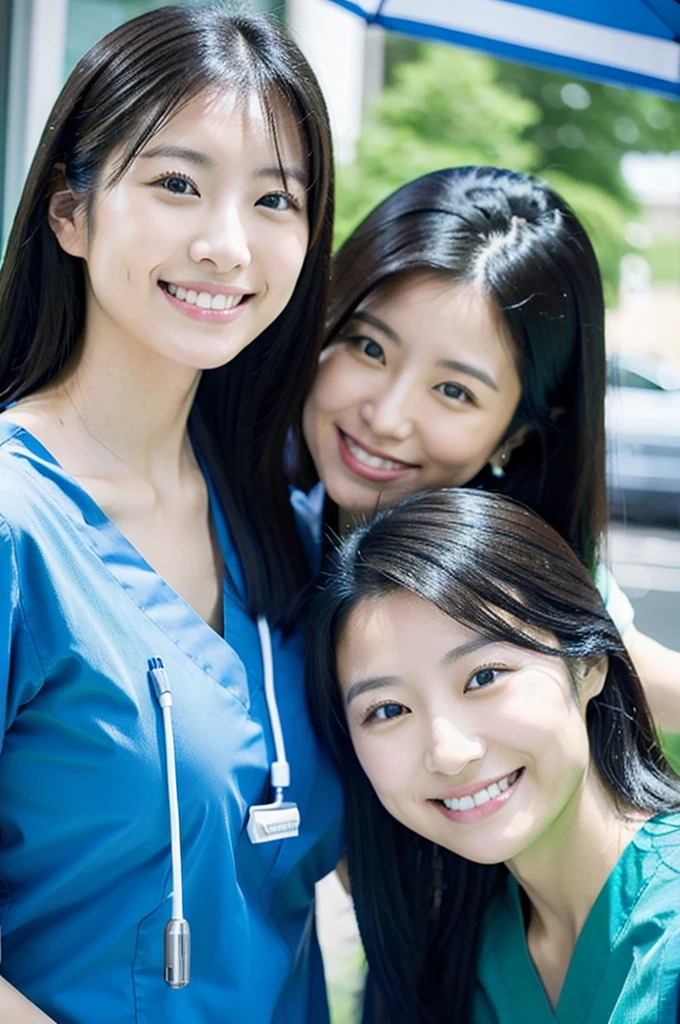 Dental hygienist, wearing blue-green medical scrubs, Japanese, black hair, two women in their early 20s Upper body close-up smile Shooting outside Harmony々 No accessories included