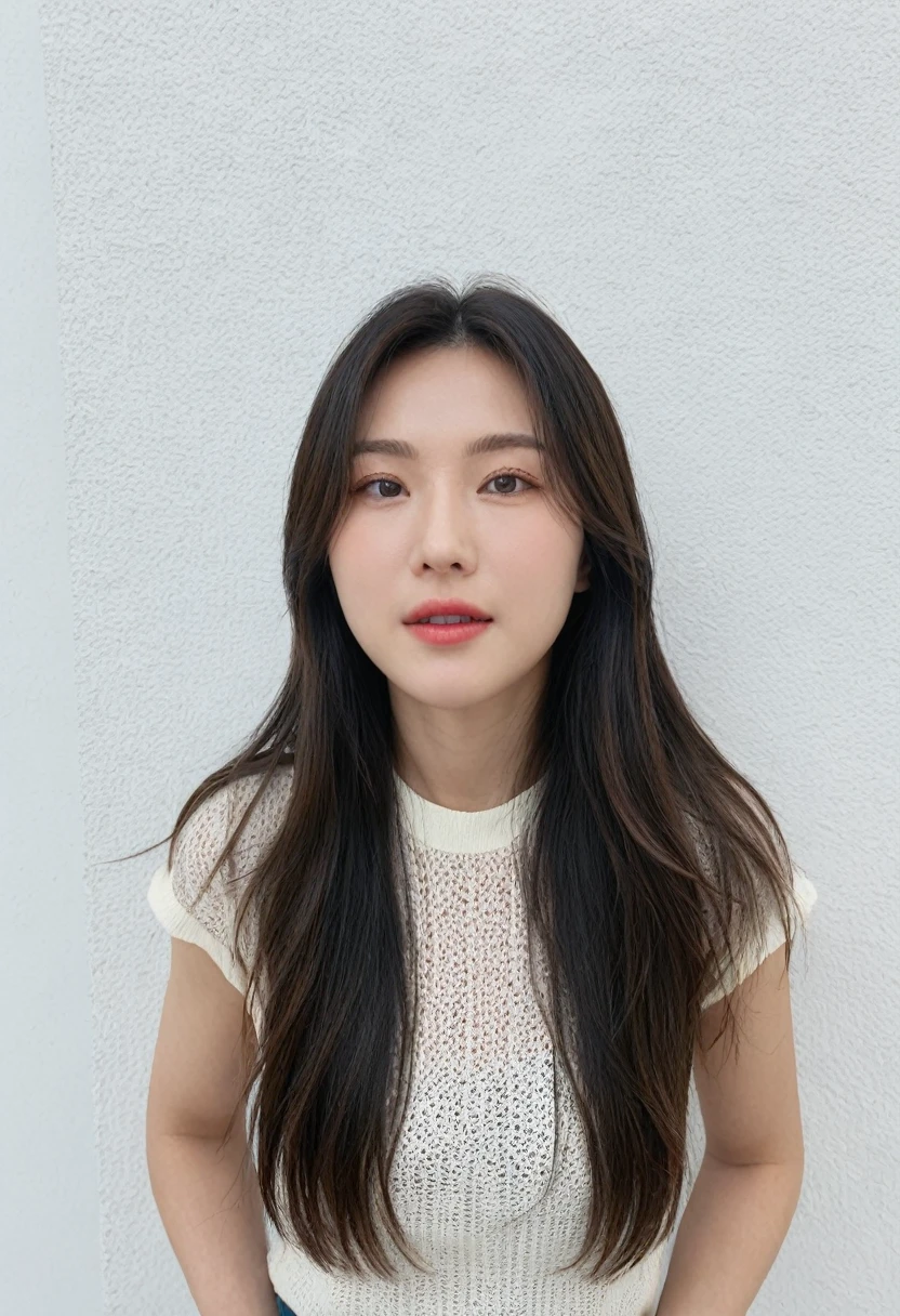Best Quality, 8k, Masterpiece, (Portrait: 1.3), (photo realistic:1.4), (hyper realistic:1.4), Sharp Focus, looking at viewer, (smoother lighting:1.1), (increase cinematic lighting quality:0.9), realistic lighting, backlighting, light on face, ray trace, (brightening light:1.2), (Increase quality:1.4), sharp detail, (best quality real texture skin:1.4), finely detailed eyes, gray_eyes, finely detailed face, 25 year old Korean woman, (white formal_shirt:1.4), (Create an image maintaining the original base model hairstyle:1.5),thick_lips,pretentious_face,sharp_Face