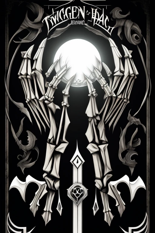 two skeleton hand, around a big magic orb. black and white, fegi flyer design