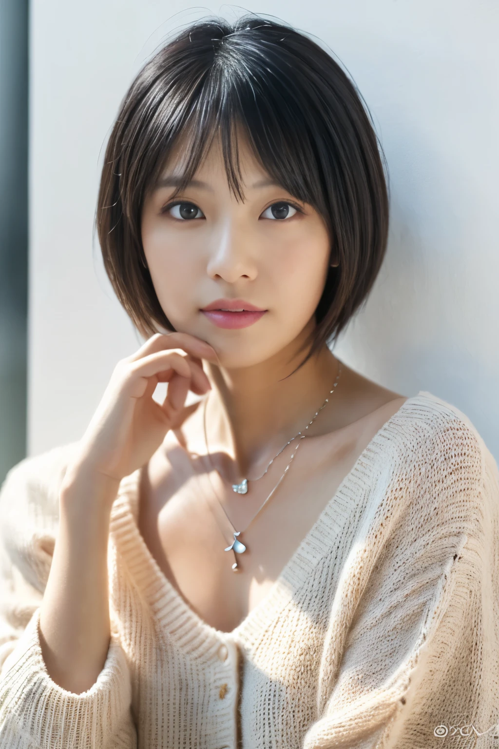 (masutepiece,top-quality)), (photographrealistic:1.4),(((masutepiece,8K)),white wall,(white room),((full body photo))),shot in natural light,highly detailed face and skin texture,highly detailed lips,correct state of the human body,Superhigh resolution, 38 years old, s, 60mm lens, Light beige Knit,(medium hair),Japanese woman,(black hair),looking at the camera,natural lip color, necklace