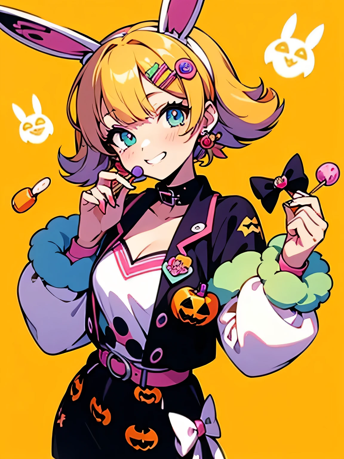 halloween theme, "kawaii, Cute orenge bunny girl in cute smile with teeth and holdinga halloween candy, poser, Adorable girl in orenge, neon orenge black, and baby lime color scheme. She wears halloween-themed clothing. Her outfit is fluffy and soft, With decora accessories like hair clips. She embodies a vibrant and trendy Harajuku fashion style."