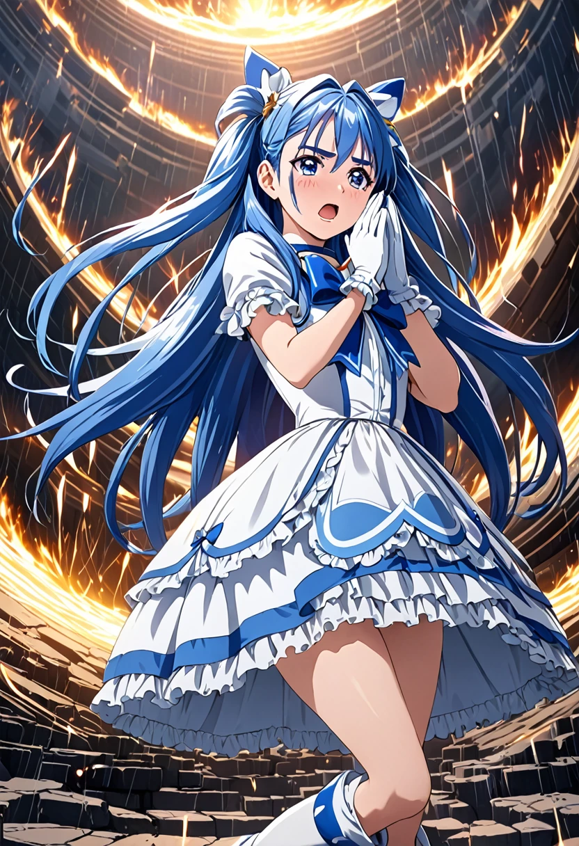 cure white, choker, Thigh straps,detailed hair and costume, long flowing blue hair, white and blue frilly dress, white gloves and boots, holding her ears with both hands, blushing cheeks, in pain, suffering from enemy's sonic attack, dynamic and intense scene, background with sound waves,masterpiece, Highest quality,, Highly detailed background, Perfect lighting, (beautiful, Highest quality:1.1), masterpiece, Perfect Eyes, (beautiful), (erotic:1.2)