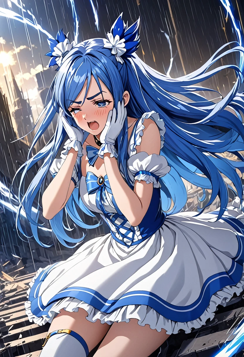 cure white, choker, Thigh straps,detailed hair and costume, long flowing blue hair, white and blue frilly dress, white gloves and boots, holding her ears with both hands, blushing cheeks, in pain, suffering from enemy's sonic attack, dynamic and intense scene, background with sound waves,masterpiece, Highest quality,, Highly detailed background, Perfect lighting, (beautiful, Highest quality:1.1), masterpiece, Perfect Eyes, (beautiful), (erotic:1.2) 