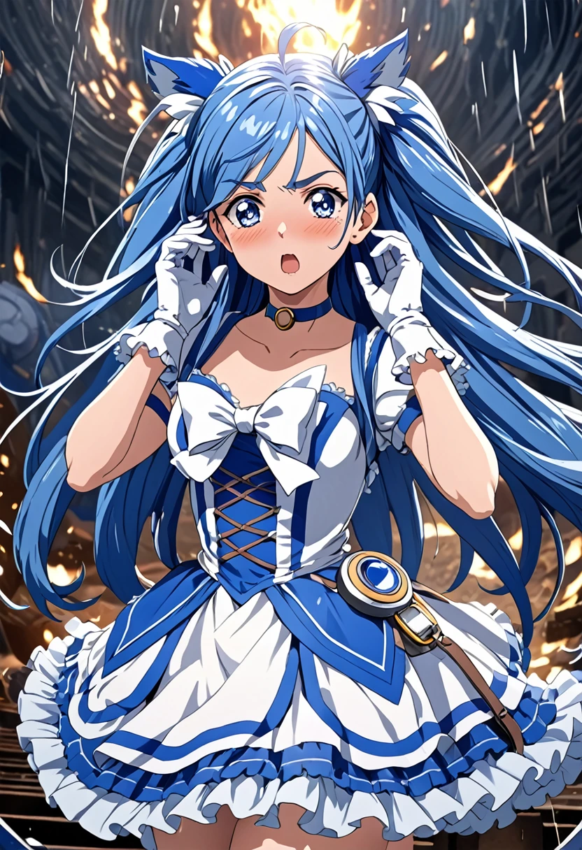 cure white, choker, Thigh straps,detailed hair and costume, long flowing blue hair, white and blue frilly dress, white gloves and boots, holding her ears with both hands, blushing cheeks, in pain, suffering from enemy's sonic attack, dynamic and intense scene, background with sound waves,masterpiece, Highest quality,, Highly detailed background, Perfect lighting, (beautiful, Highest quality:1.1), masterpiece, Perfect Eyes, (beautiful), (erotic:1.2)