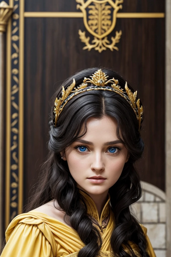 Beautiful noblewoman. Beautiful. House Baratheon. Yellow Dress and black. Long black hair curly and blue eyes. White skin. Dress sexy. Europan face. House Baratheon of Game of Thrones. Blue eyes. Close up