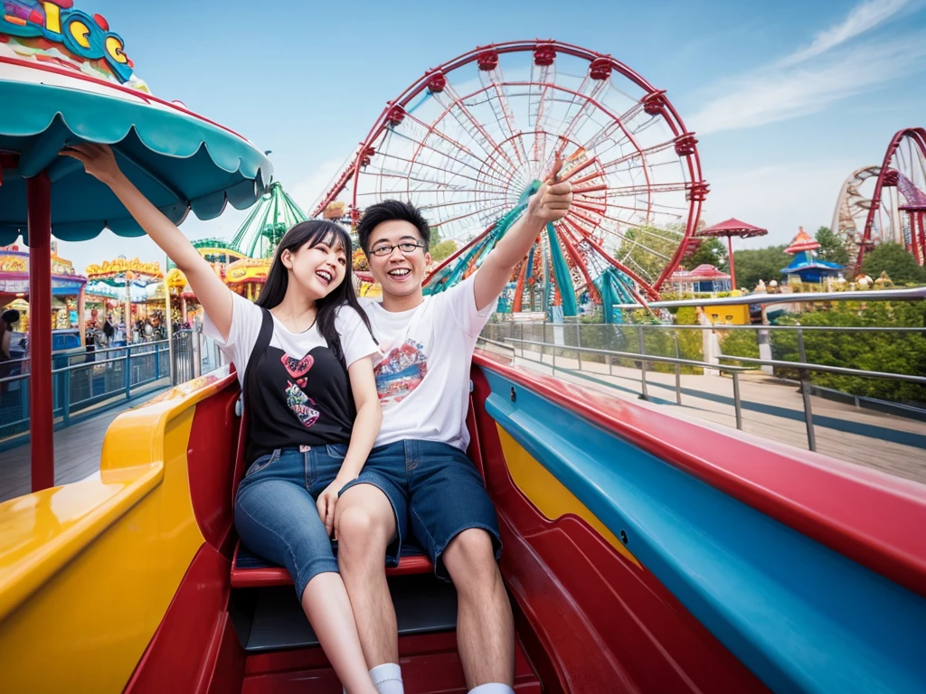 Real photo, long shot, amusement park, roller coaster, couple