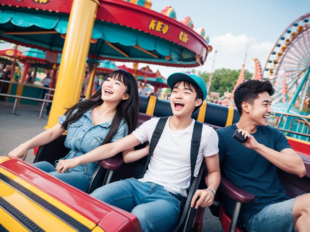 Real photo, long shot, amusement park, roller coaster, couple