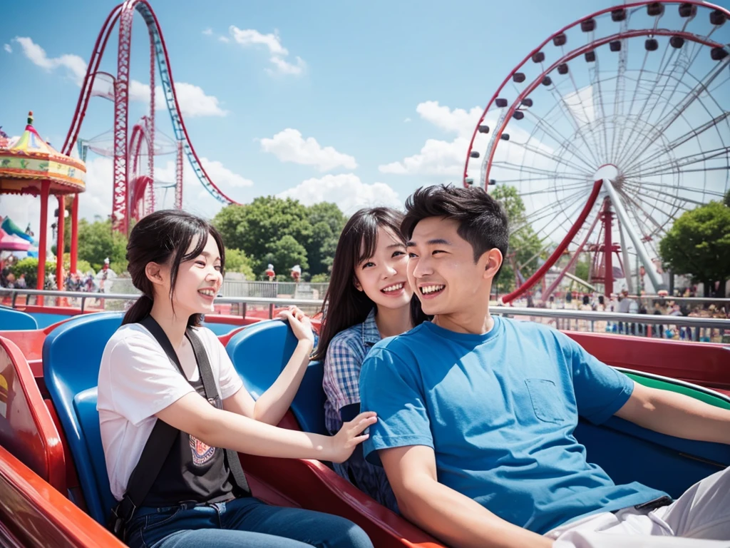 Real photo, long shot, amusement park, roller coaster, couple