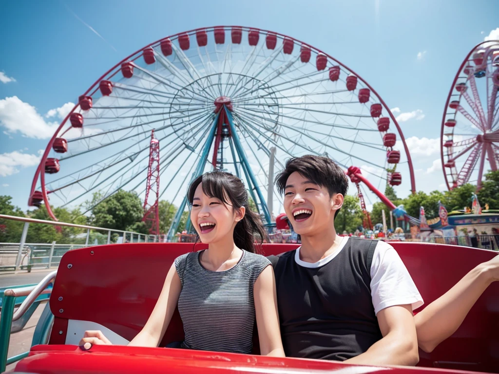 Real photo, long shot, amusement park, roller coaster, couple