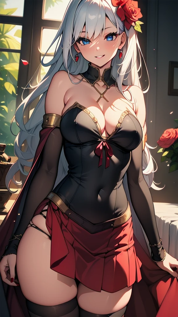 masterpiece, best quality, solo girl, silver hair, blue eyes, long hair, medium breasts, sexy body and face, wavy hair, smile, parted lips, red lips, ribbon, crown of thorns, thorns, (red cape, dress flower), detached sleeves, hair flower, hair ornament, long sleeves, black corset, long skirt, red dress, rose, strapless dress, long skirt, thighhighs, thighlet, red nails, dress flower, black thighhighs, mksks style, beautiful background, orchestra, indoors, sexy pose, cowboy shots, sharp focus, ultra-detailed body, face, and eyes, vibrant, creative, dynamic, high definition, high resolution, 8k, (Upscale: R-ESRGAN 4x+ Anime6mage enchance:4x), voluptuous body, cinema lightning, looking at the viewer, (realistic:1.4), (beautiful detailed face, beautiful detailed eyes, volumetric lighting),