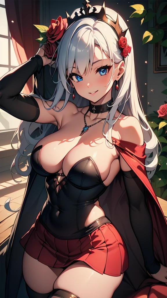 masterpiece, best quality, solo girl, silver hair, blue eyes, long hair, medium breasts, sexy body and face, wavy hair, smile, parted lips, red lips, ribbon, crown of thorns, thorns, (red cape, dress flower), detached sleeves, hair flower, hair ornament, long sleeves, black corset, long skirt, red dress, rose, strapless dress, long skirt, thighhighs, thighlet, red nails, dress flower, black thighhighs, mksks style, beautiful background, orchestra, indoors, sexy pose, cowboy shots, sharp focus, ultra-detailed body, face, and eyes, vibrant, creative, dynamic, high definition, high resolution, 8k, (Upscale: R-ESRGAN 4x+ Anime6mage enchance:4x), voluptuous body, cinema lightning, looking at the viewer, (realistic:1.4), (beautiful detailed face, beautiful detailed eyes, volumetric lighting),