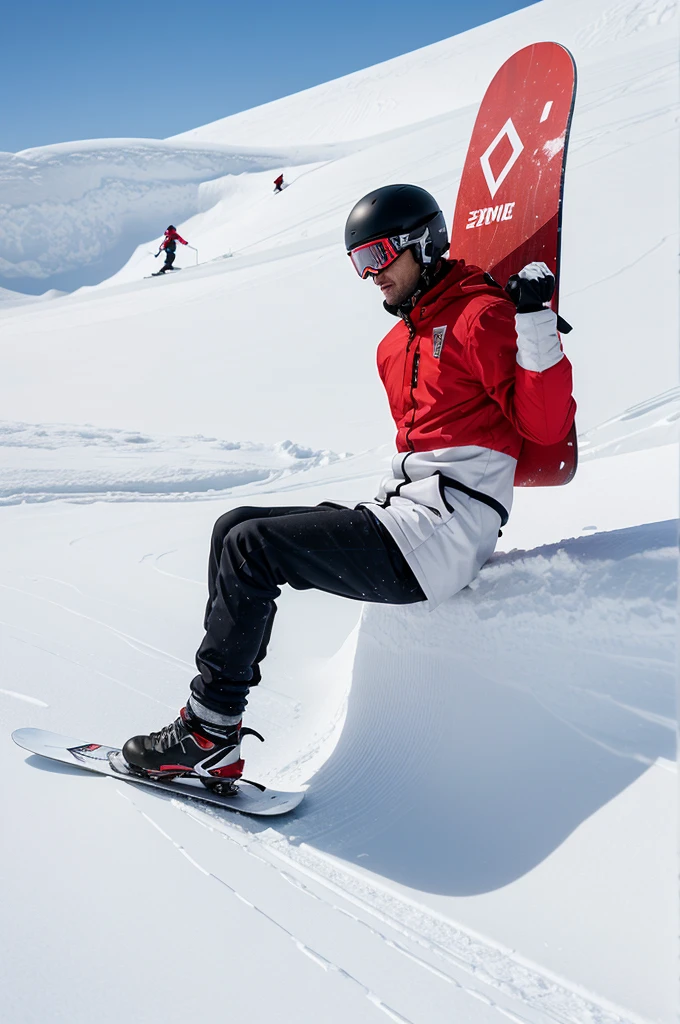 a man riding a snowboard down a snow covered slope next to a snow covered slope with a red sign, Carol Bove, geometric abstract art, contemporary fashion shoot, a marble sculpture