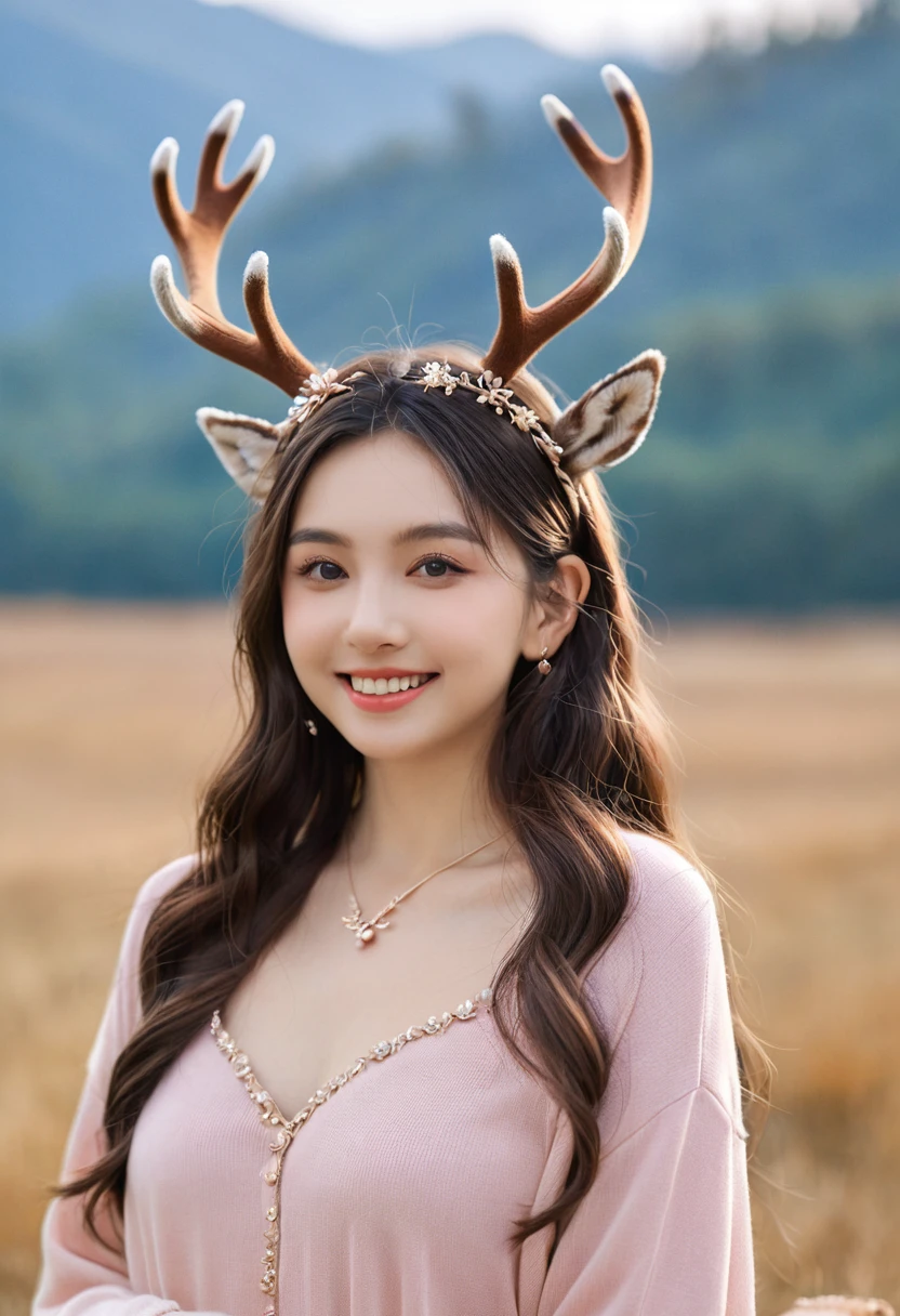 best quality,masterpiece, 1 girl, Solitary, Model photo shoot, Astonishing, Alina, (((Wear))), antlers, deer ears, Look at the users, Smile, blush, hairpin,(( Weaving)), Hair accessories, ((Hairpin)),
