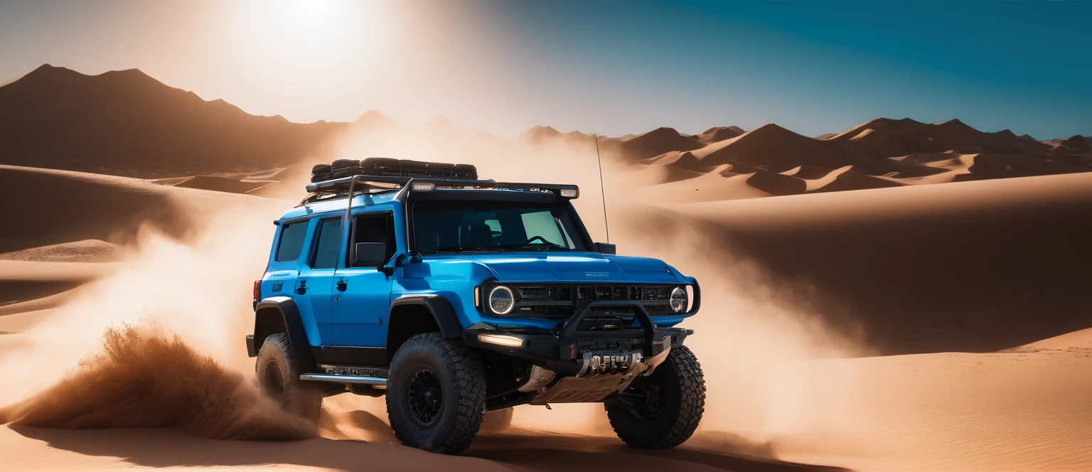 Off-road vehicle photos，A blue SUV is on the right side of the photo.，Car side，amazing，在desert上行驶，Showing speed and passion，Mad Max，Blue photo，detail强化，blur background/Bokeh，Bright with natural light，Ray Tracing，Sunset sky，desert，desert，sand，Highly detailed environments，Low depth of field，HD，detail，8k，lens flare，Sunlight,