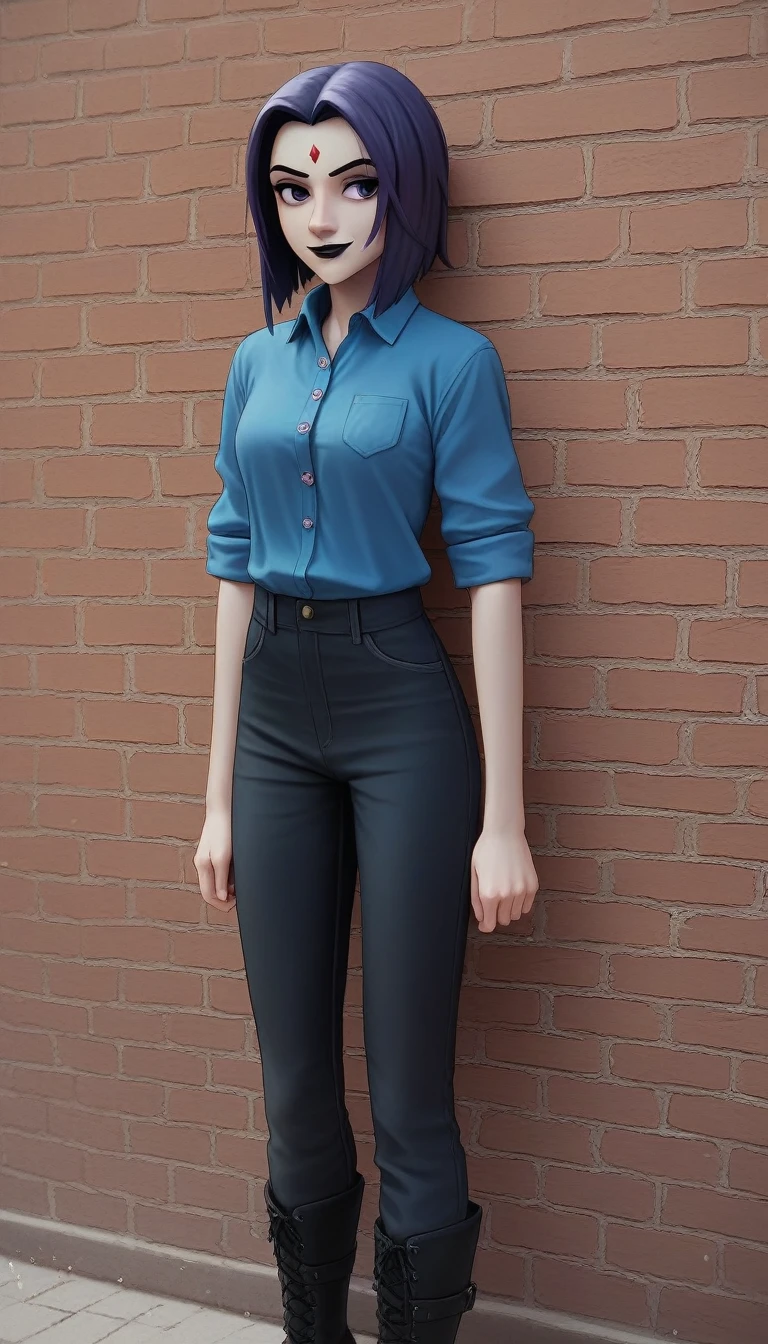 dark-blue hair girl, medium hair, forehead, black lipstick, skinny, sky-blue shirt, rolled up sleeves, untucked shirt, 3d, smile, crosed arms, brick wall, smile, button shirt, frowning, black pants, raven hair, black boots