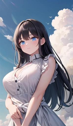 girl, 18-year-old,Long hair that reaches down to the waist, Black Hair, blue eyes, Large Breasts, Blue sky and white clouds，White Dress，return，shy，Outdoor, Highest quality, High resolution, Very detailed, Detailed Background, Perfect lighting