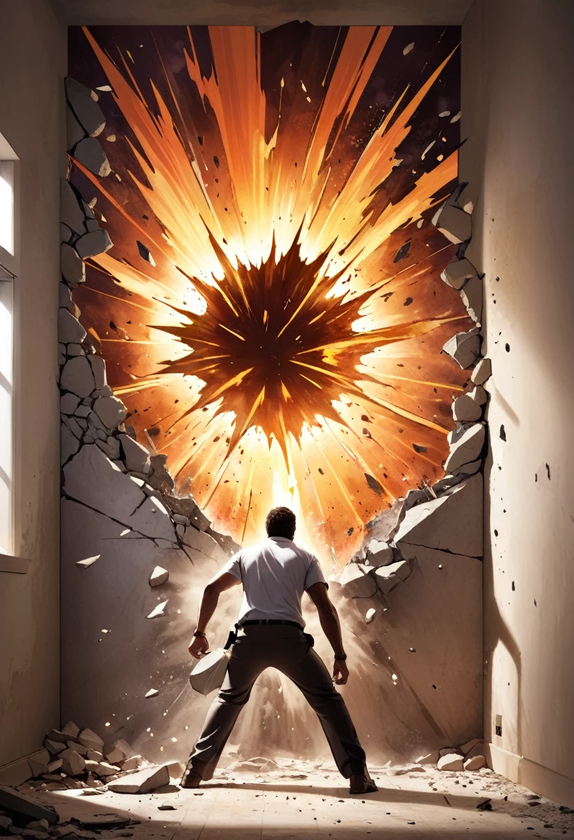 an artwork depicting a giant bursting through a wall, epic, high contrast, Epic,