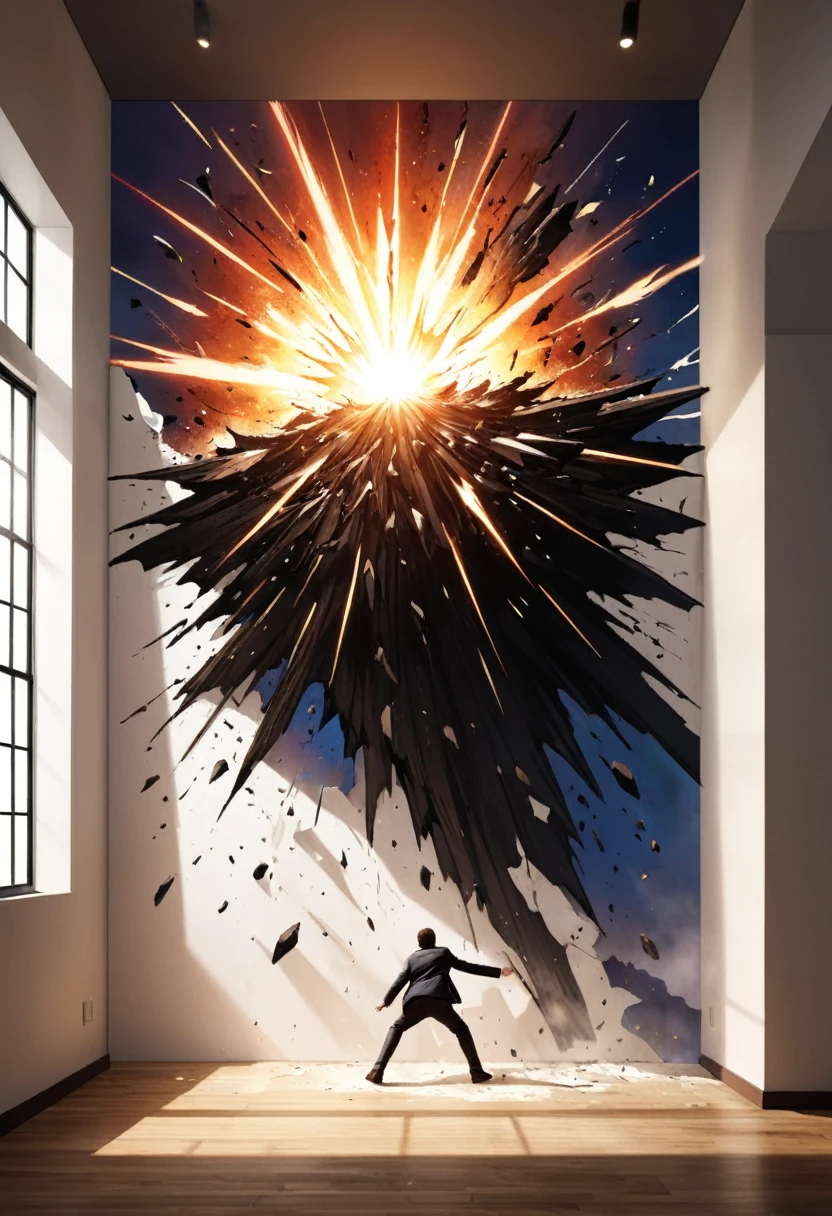 an artwork depicting a giant bursting through a wall, epic, high contrast, Epic,
