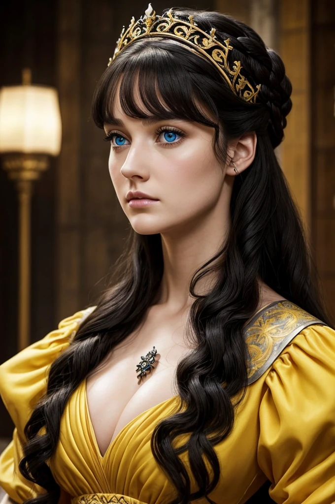 Beautiful noblewoman. Beautiful. House Baratheon. Yellow Dress and black. Long black hair curly and blue eyes. White skin. Dress sexy. Europan face. House Baratheon of Game of Thrones. Blue eyes. Close up