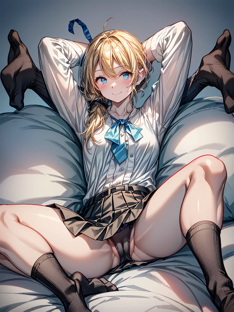 nsfw,High resolution、High resolution、high quality、masterpiece、1 female、Ellen Baker、School classmates、18-year-old、high school girl、Slim and long beautiful legs、skinny、blonde、blue eyes、Bedroom、Lying on the bed、((open legs:1.5)),Standing on tiptoes,Knee Up、attractive way to sit、Cute pose、(((arms behind head:1.5))),blackboard、smile、((Head to toe))、((Close-up of a woman))、(((school uniform))),((White Shirt)),((Blue Neck Ribbon)),((Pleated skirt))、((((Black knee-length socks))))、loafers,show panty,Yellow-green panties、Award-winning design panties、((I was made to sit with my legs apart...))、((trembling:1.4))