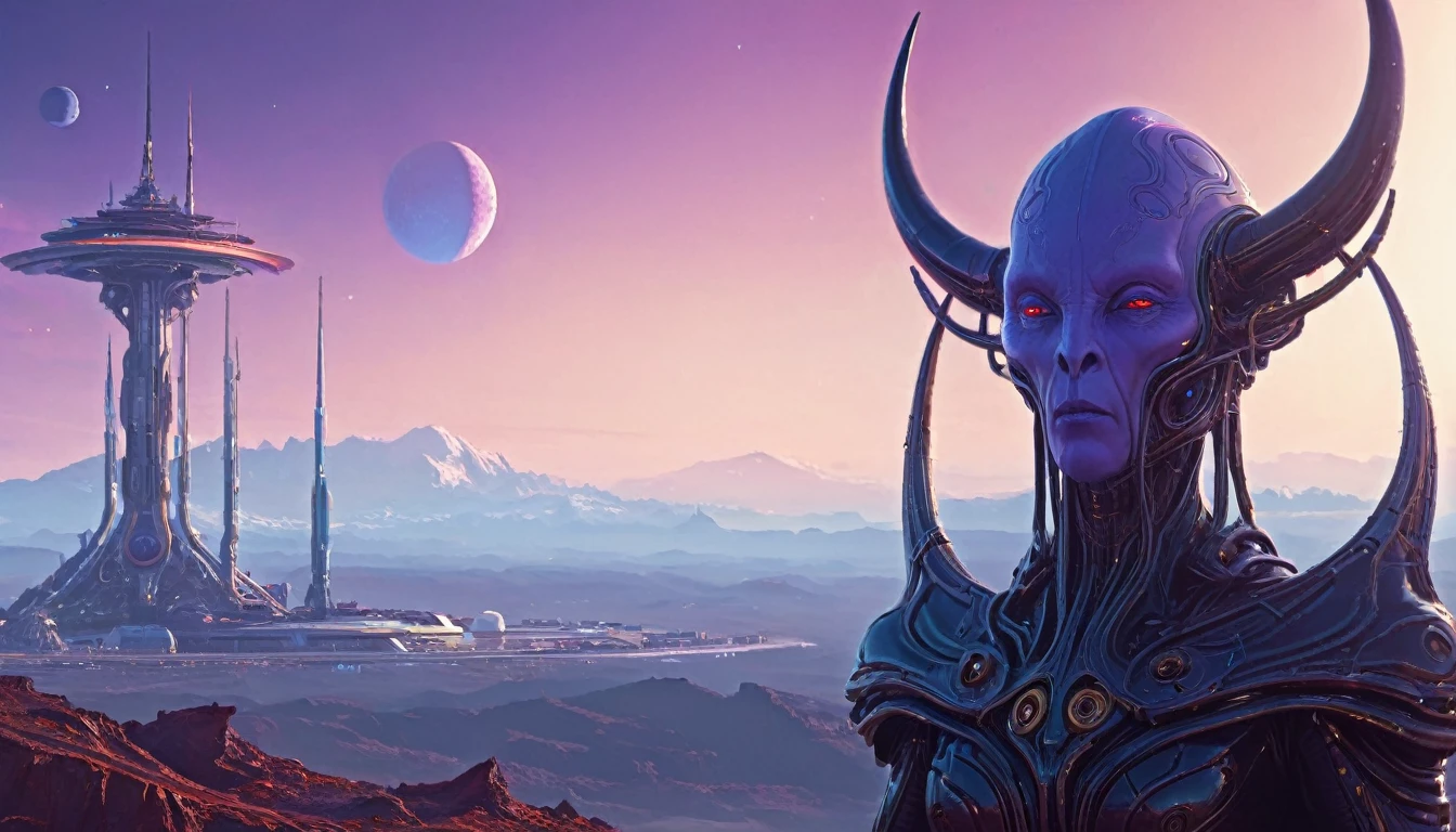 purple Alien God face, Space Station background, Scince Fiction, Cross, horns, GHTEN, by Simon Stalenhag, by Marc Simonetti, by Simon Stalenhag, oil on canvas, trending on artstation featured on pixiv, cinematic composition, beautiful lighting, sharp, details, Hyper-detailed, HD, HDR, 4K, 8K, intricate, elegant, highly detailed, artstation