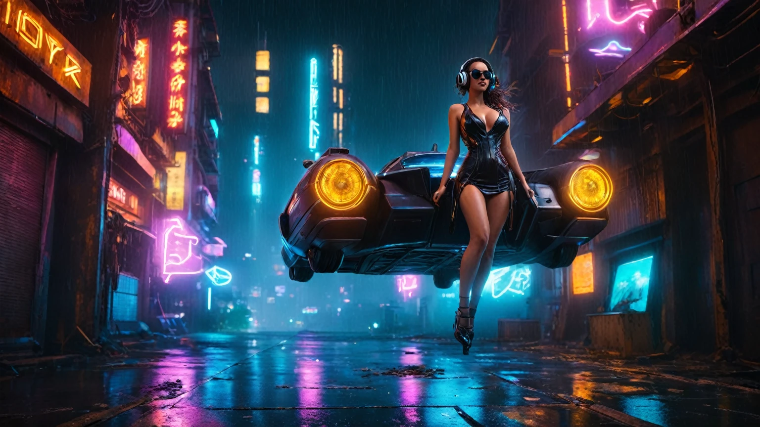 (aerial view, a flying cars docking platform, a very dark abandoned futuristic city, neon lights), rainy night. (((1girl, solo, alone))), large-breast:1.2 slim body, cleavage:1.1, sexy wind blowing wet dress:1.4, (((headphone, black sunglasses, standing and holding pistol:1.8, dynamic rushing pose))), (((((half-body thigh level medium shot))))), cinematic lighting, lens flare, ray tracing.