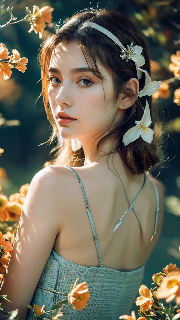 ( masterpiece, top quality, best quality,8k,17 years old girl,ultra detailed,raw photo:1.5),(photorealistic:1.4), (cinematic lighting), PerfectNwsjMajic, , Surrealism, UHD, ccurate, Super detail, textured skin, High detail, Best quality, dynamic angle, White skin,[Beautiful blue eyes], high nose,[flat chest:large breasts:0.5],(1girl),((good anatomy:0.5)),(covered in flowers:1.4), night sky, interested in, fire and ice, (The image is divided into two，Available in a variety of colors:2), eyes blues, sapphire, liquid metal, night sky, (Look at an angle:1.3), (fire and ice), ((Lower chrome)), (hairpin:1.4), (forest:1.3), (fog: 1.3),  Subtle colors and tones, mystical aura ,dreamy atmosphere,expressive brush strokes, mystical ambiance, Artistic interpretation, upper body, long hair, diagonal bangs
