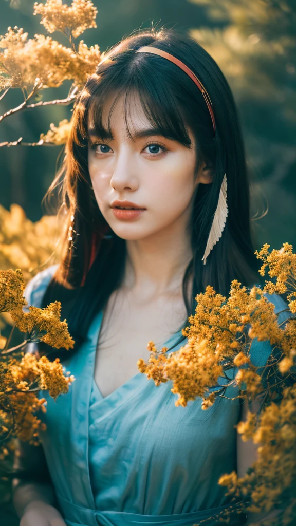 ( masterpiece, top quality, best quality,8k,17 years old girl,ultra detailed,raw photo:1.5),(photorealistic:1.4), (cinematic lighting), PerfectNwsjMajic, , Surrealism, UHD, ccurate, Super detail, textured skin, High detail, Best quality, dynamic angle, White skin,[Beautiful blue eyes], high nose,[flat chest:large breasts:0.5],(1girl),((good anatomy:0.5)),(covered in flowers:1.4), night sky, interested in, fire and ice, (The image is divided into two，Available in a variety of colors:2), eyes blues, sapphire, liquid metal, night sky, (Look at an angle:1.3), (fire and ice), ((Lower chrome)), (hairpin:1.4), (forest:1.3), (fog: 1.3),  Subtle colors and tones, mystical aura ,dreamy atmosphere,expressive brush strokes, mystical ambiance, Artistic interpretation, upper body, long hair, diagonal bangs