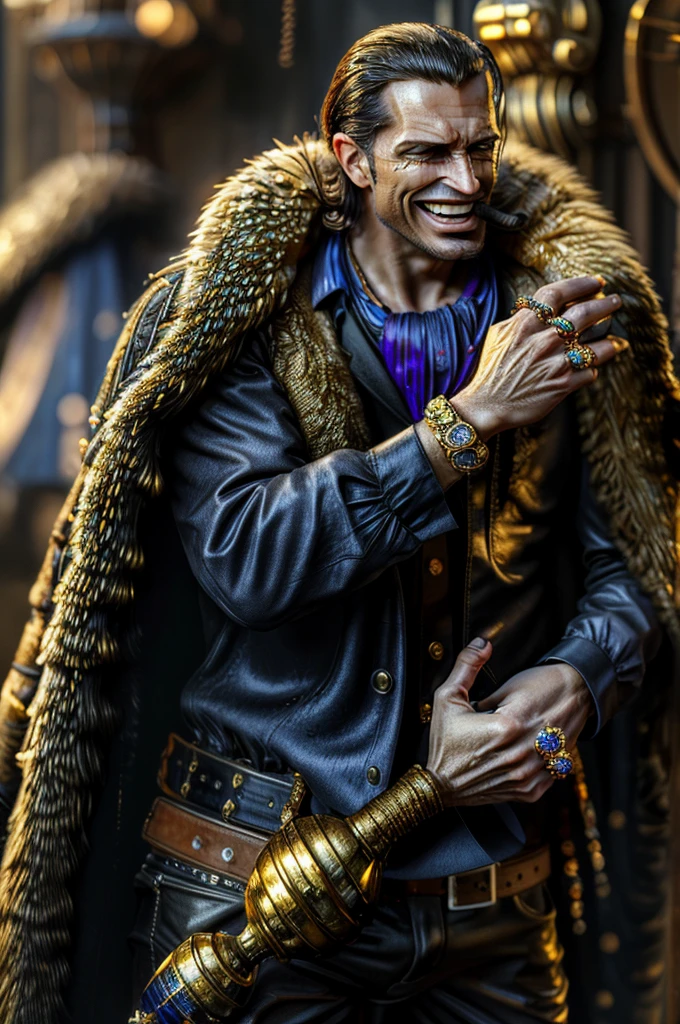 masterpiece, best quality, extremely detailed, hyperrealistic, photorealistic, a cool 40s man, ultra detailed face:1.2, fur-trimmed coat, scarf around the neck, his left hand is a golden pirate hook:1.1, cigar, laughing, in sapphire style, holding sapphire, sapphire ring, sapphire necklace, sapphire bracelet
