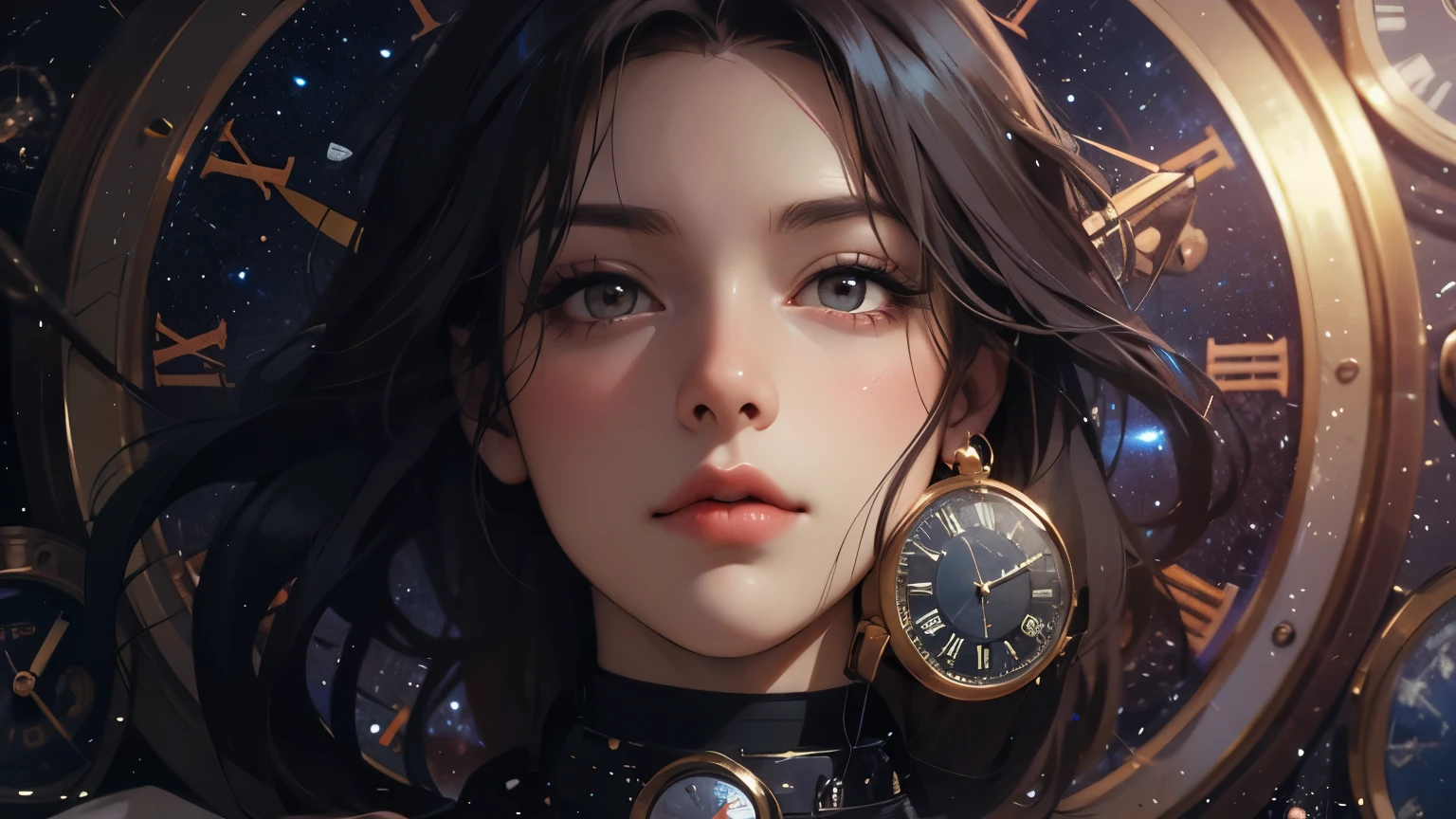 There was a woman with a watch in her hand、There is a clock in the background, Portrait Anime Astronaut Girl, Gweiz-style artwork, Artjam and Athi Gairan, Neo-artcore and Charlie Bowter, Charlie Bowater's art style, Painting a portrait of Ross, Portrait of a girl in the Knights of the Zodiac, Stunning Anime Face Portraits, Detailed portrait of an anime girl
