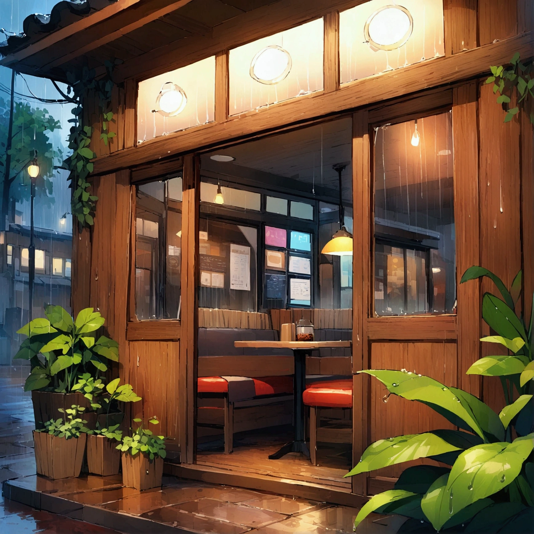 Inside the coffee shop, rain, Highest quality