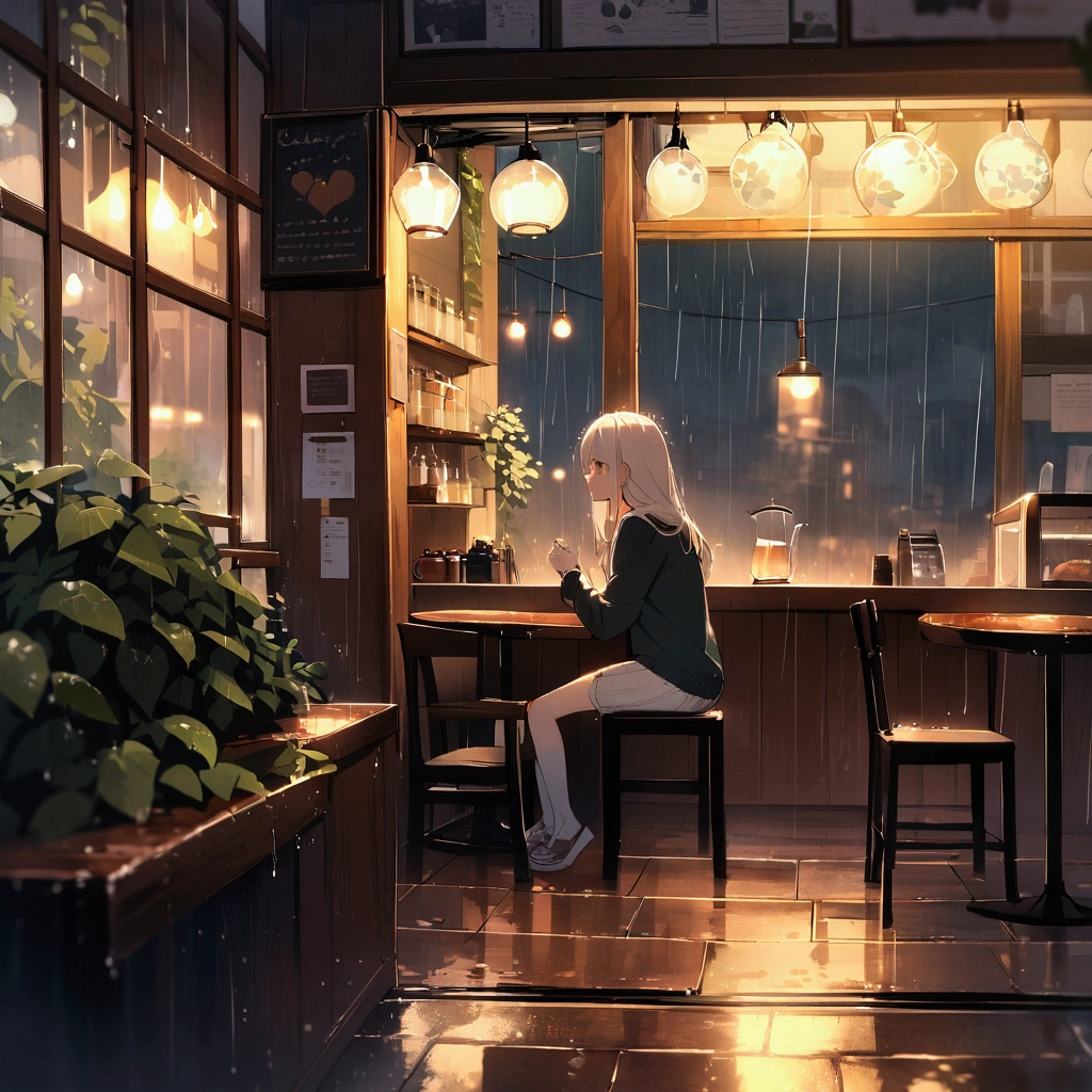 Inside the coffee shop, rain, Highest quality 