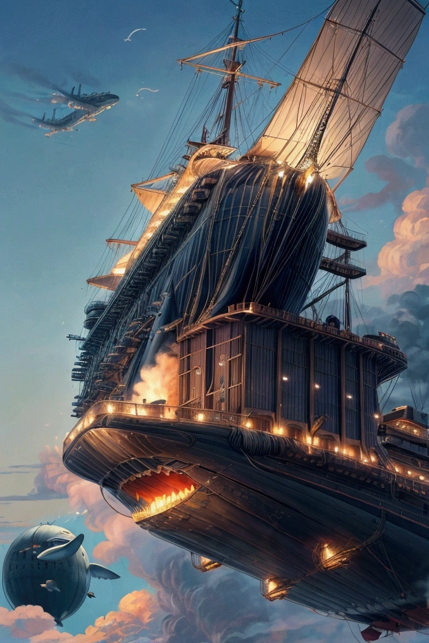 A dreamlike anime illustration of Studio Ghibli depicting a large airship modeled after a whale flying through the sky with fantastical mechanisms. This airship flies by flapping its wings, which resemble a steam engine and wooden oars modeled after the pectoral fins of a whale. This is a mechanical civilization that combines the functions of machines and living things, the Industrial Revolution. This fleet is a merchant caravan, but there is only one flying aircraft carrier and a biplane is dispatched.
