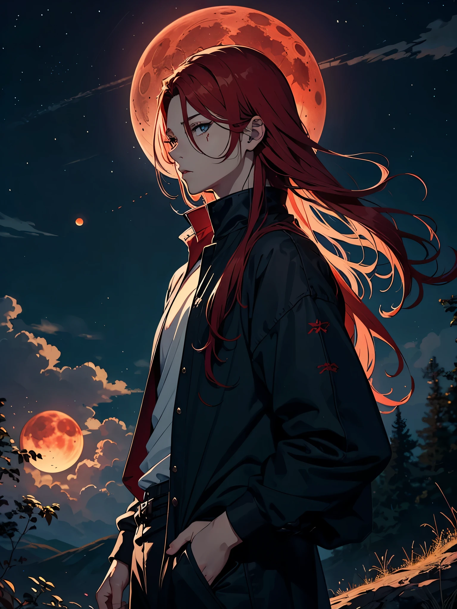 Nordic mythology. Blue 火. 火red hair. Red hair. Red eyeliner. Blood Moon. More anime. male. Long hair. Boy.