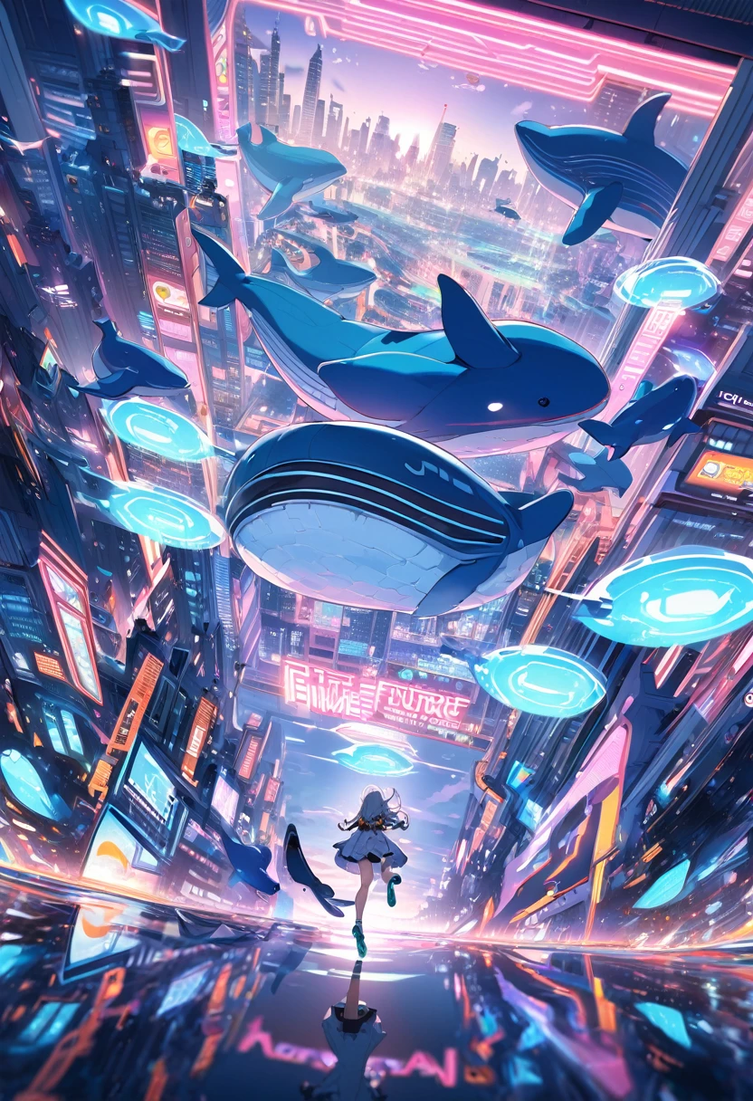 Future City, Above, jump, Whales, mechanical, Neon Light, reflection, skyscraper, hologram, advertisement, Near future, Cityscape, technology, vivid, Fantasy