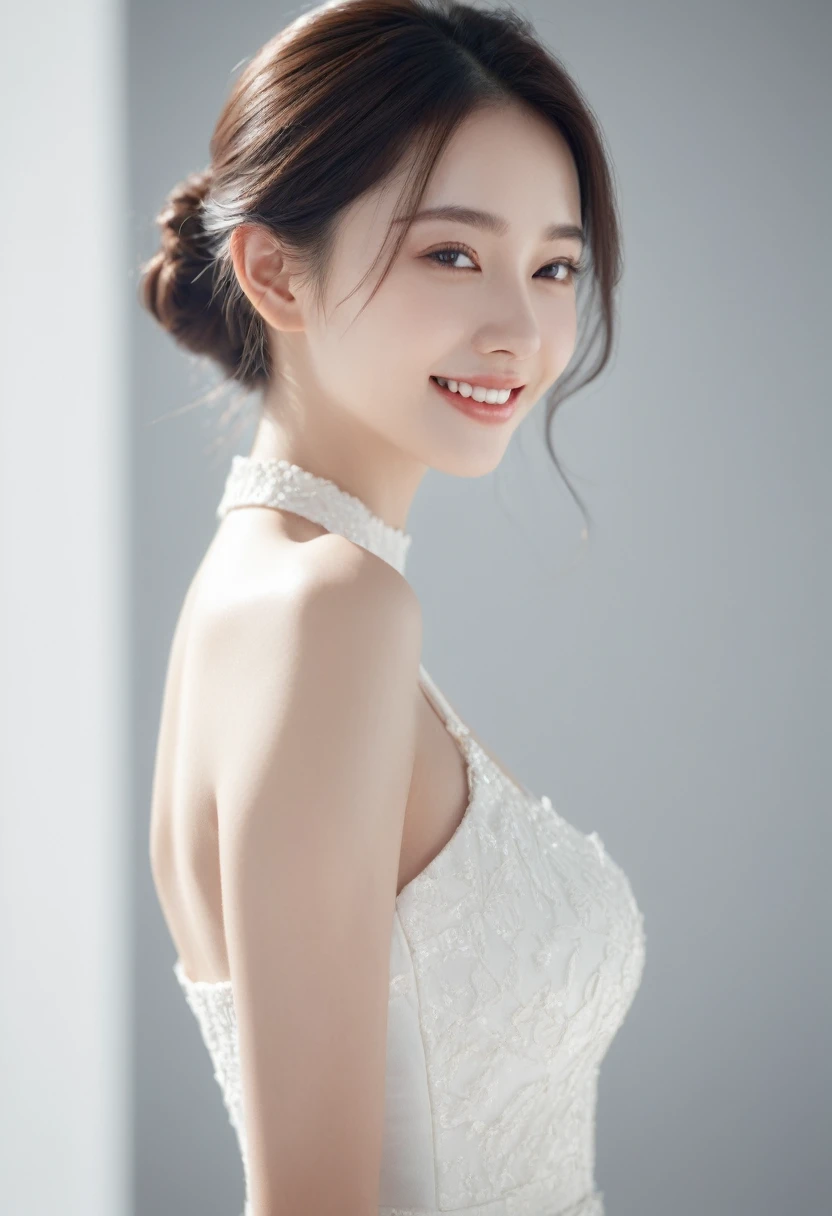 ((best quality, 8K )),  A young and lovely woman, Reality, side view, portrait, Surreal, High Detail, High Detail skin, high quality, White Dress,High Detail skin, lifelike, high resolution, high resolution,raw picture，game design，filter，Hollow，，texture，wallpaper，Character details HD，Model Effect。Blank Background，Bright Light，Smile，one person，Grinning，happy，Gentle smile，Real，real，front