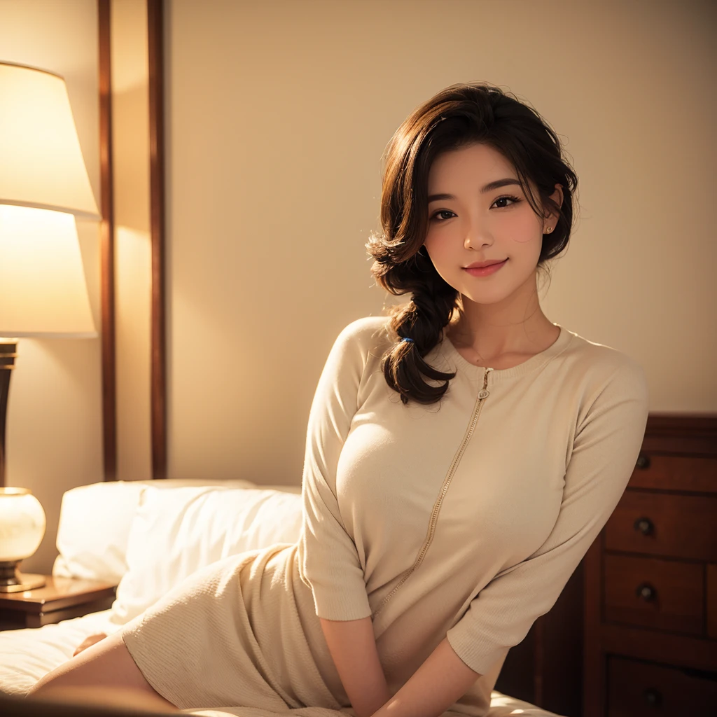 a gorgeous milf with rosy cheeks, smiling shyly, medium length hair in ponytail, casual outfit, lover, private bedroom, dating, intimate, detailed face, beautiful eyes, lush lips, intricate hairstyle, warm lighting, soft focus, photorealistic, cinematic composition, romantic atmosphere, best quality, 4k, 8k, highres, masterpiece:1.2, ultra-detailed, realistic:1.37, HDR, UHD, studio lighting, ultra-fine painting, sharp focus, physically-based rendering, extreme detail description, professional, vivid colors, bokeh, portrait