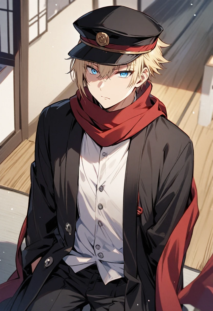 Solo, 1 male, light blonde hair, light blue eyes, white botton shirt, black cap, black pant, black haori, red scarf, taisho roman, Japanese
