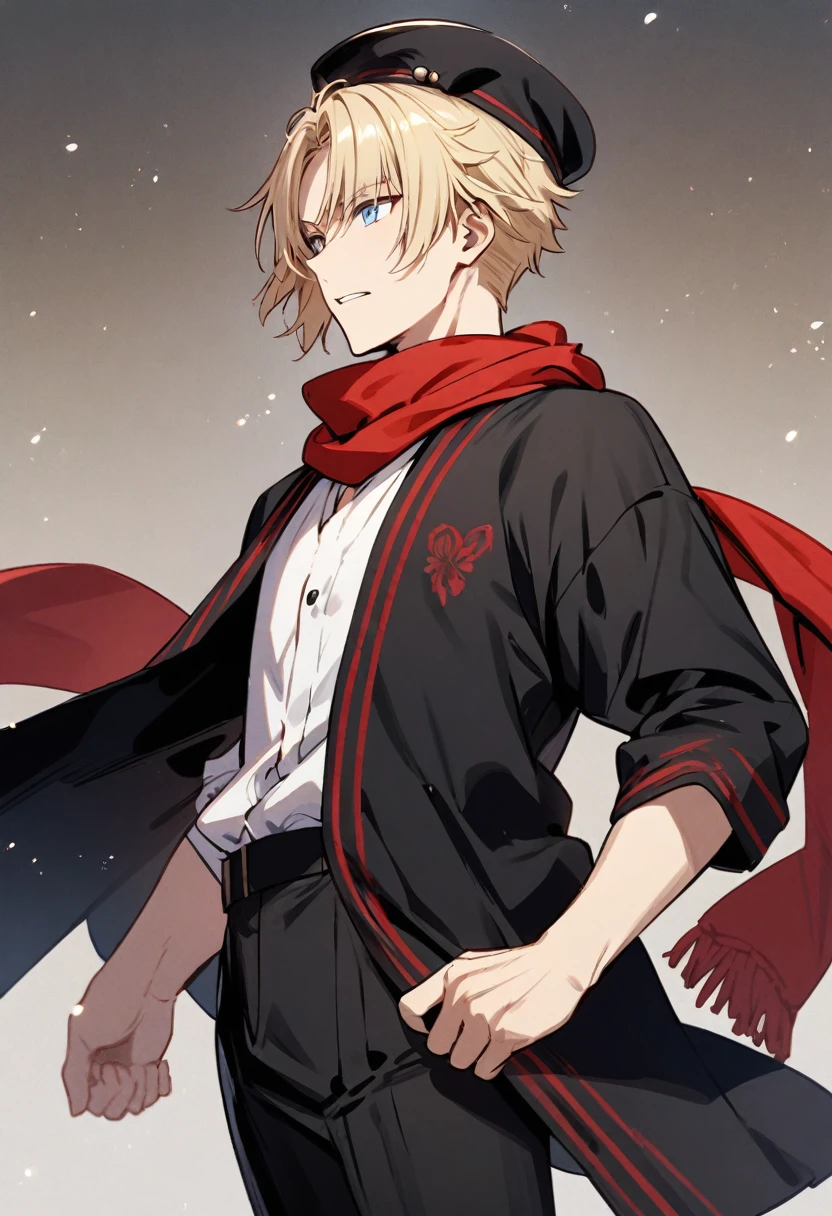 Solo, 1 male, light blonde hair, light blue eyes, white botton shirt, black cap, black pant, black haori, red scarf, taisho roman, Japanese