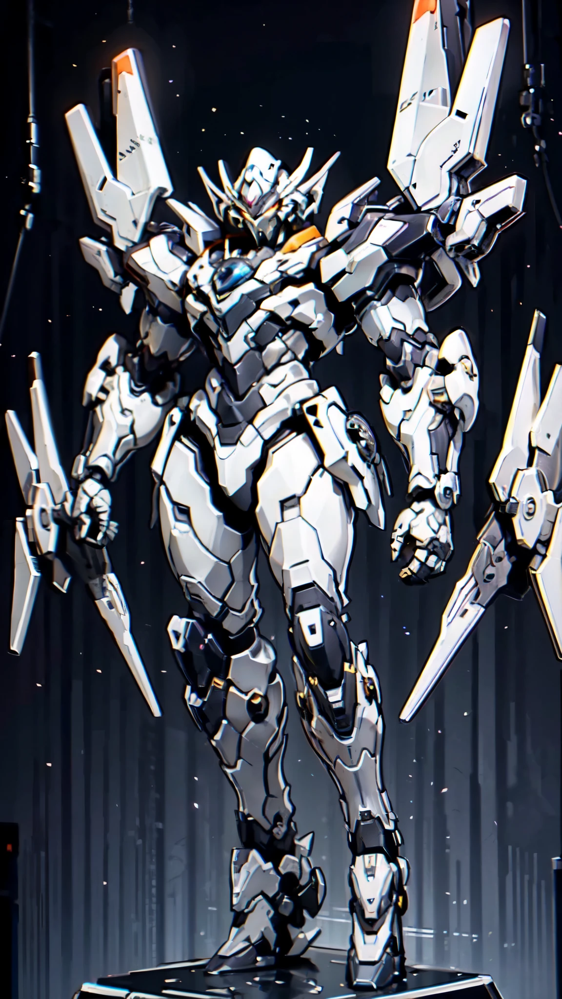 (masterpiece:1.5, best quality:1.5, extremely delicate:1.5), humanoid Mecha, fully enclosed shoulder guards, matching arm and leg guards, full body, full armor, the design balances heavy with agility, (the color scheme is primarily white with red and blue accents, the concept Inspired by Super robot, organic biotech armor, standing, floating high above the futuristic sci-fi city), exquisite and mature art style, (aura effect, energy, glowing eyes, the armor glows), metallic, dramatic, high definition, highres, ultra-detailed, ultra-fine painting, professional, perfect body proportions, anatomically correct, symmetrical face, extremely detailed eyes and face, high quality eyes, creativity, RAW photo, UHD, 32k, Natural light, cinematic lighting, masterpiece-anatomy-perfect