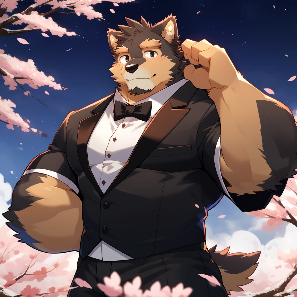 Scribble 德国牧羊dog face,Humanity(dog),(Formal wear:1.3),Muscular,(Brown eyebrows:1.1),（Close one eye:1.2）,(Perfect black eyes),Cherry blossoms,Black fur，Night Sky，（artist:Takemoto Arashi）