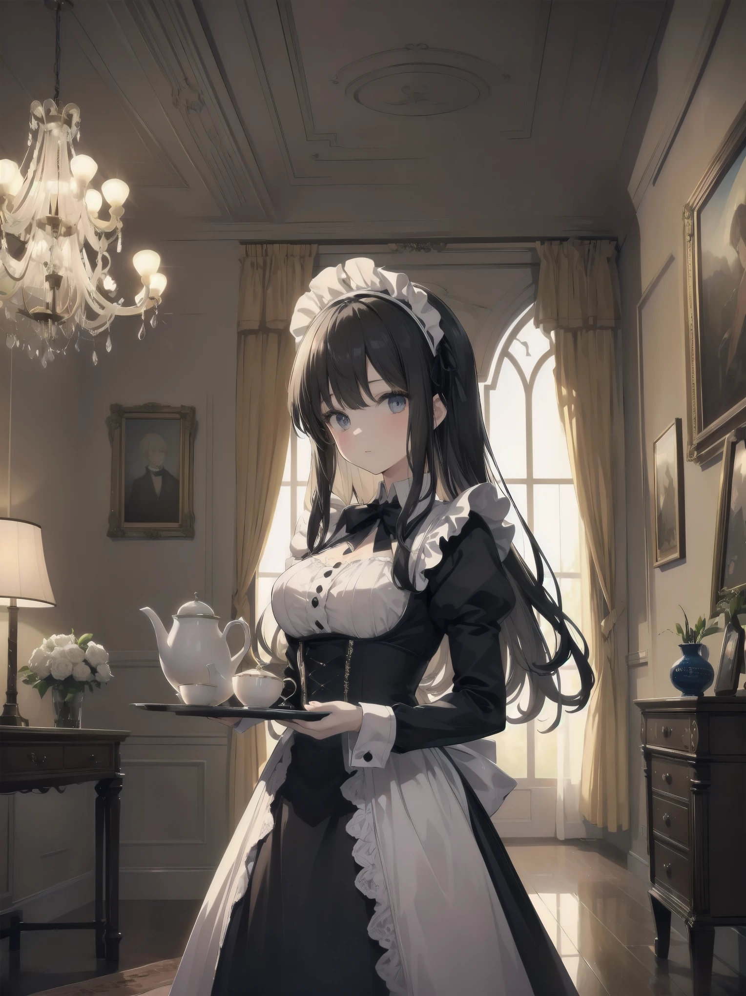 Illustration of a beautiful girl in a cute pose,(Masterpiece: 1.2), (Best quality: 1.2), A cute girl with long black hair, dressed in a classic black and white maid outfit with frilly lace and a matching headband, is standing in a beautifully decorated Victorian-style parlor. She is holding a silver tray with a teapot and teacup, her expression a mix of professionalism and warmth. The background includes ornate furniture, a chandelier, and large windows with heavy drapes, all bathed in soft afternoon light. This illustration emphasizes the elegant and welcoming atmosphere of a high-class tea service