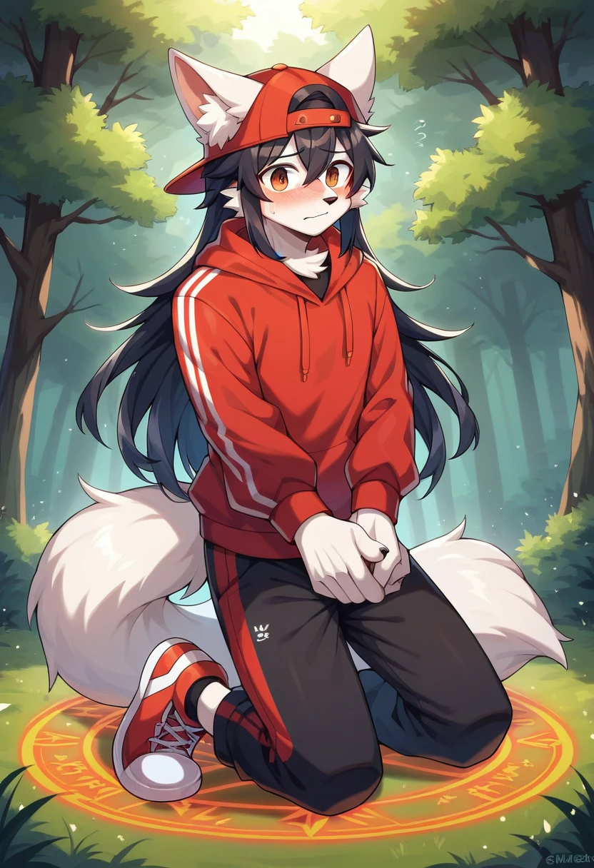 masterpiece, best quality, expressive eyes, perfect face, a man get transformed into a furry french poddle, furry fox, white fur, fox tail, fox ears, solo, surpriced, blushed, black hair, long hair, red baseball cap, black shirt, red hoodie, black sports pants, red sport shoes, brown eyes, full body, in a magic forest, glitter, embarrassed pose, magic circle on the floor.