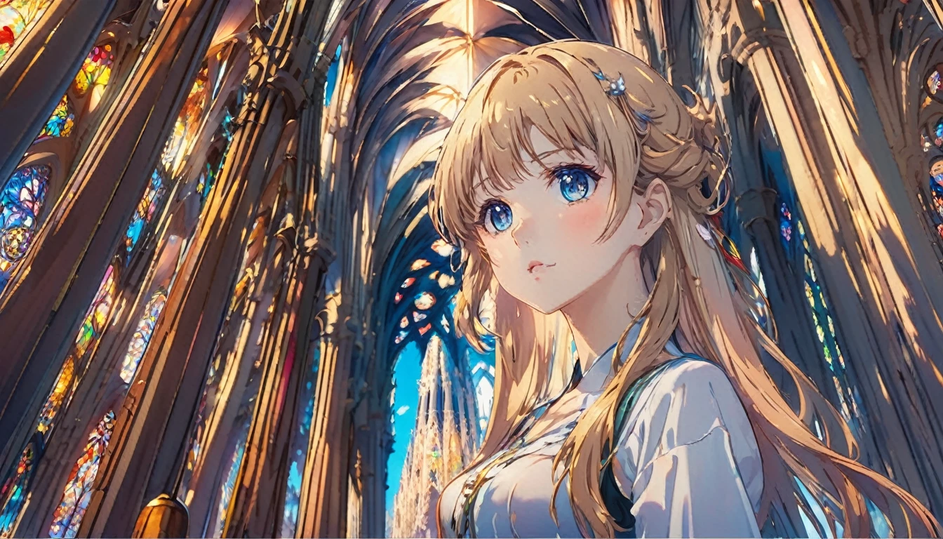 Manga masterpiece,One girl, At the Sagrada Familia, Viewing angle 90 degrees, That's horrible, Death Spank, Black light, Selective focus . Graphic Illustration, Comic art, Graphic Novel Art, Vibrant, Very detailed
