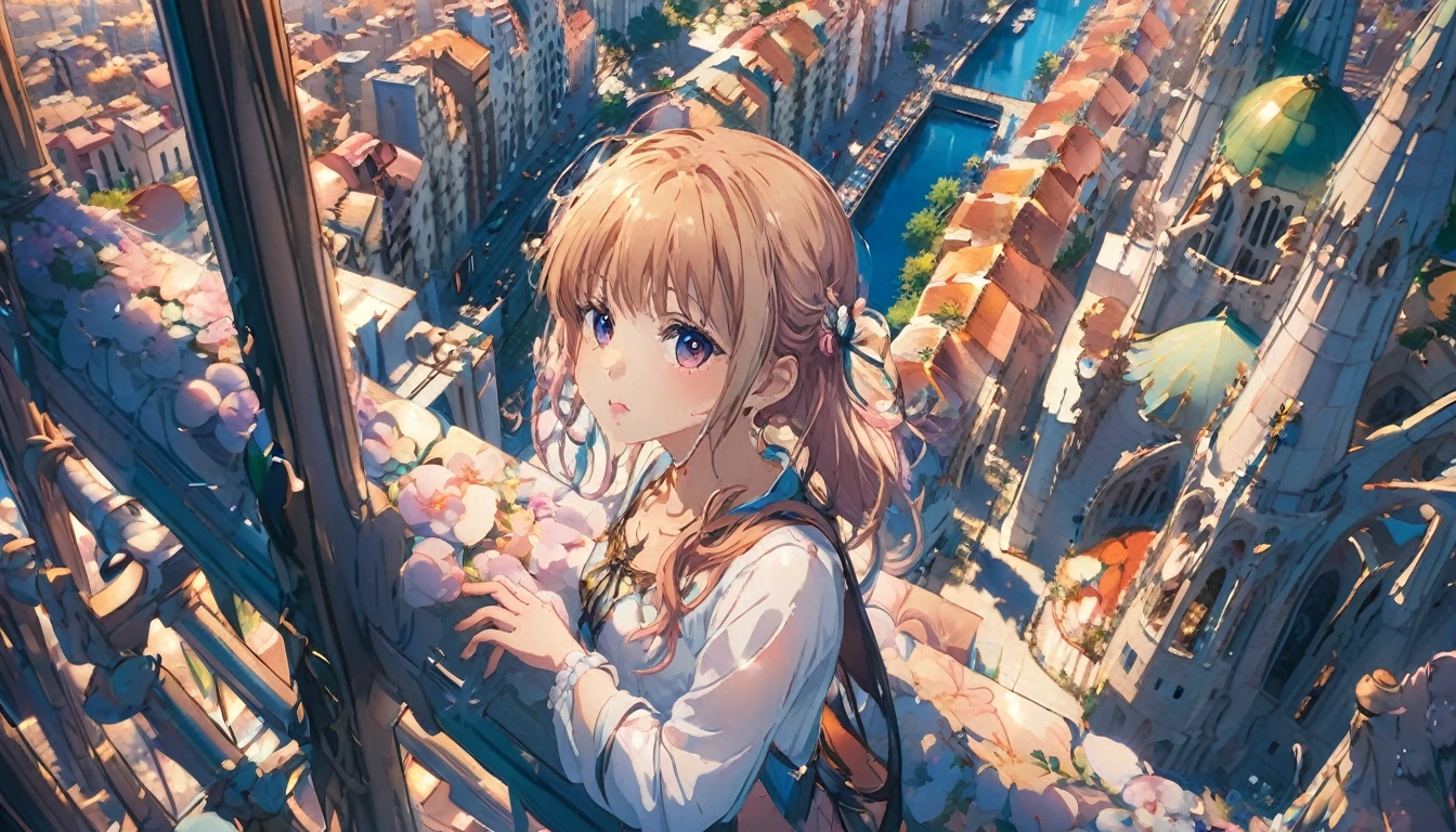 Manga masterpiece,One girl, At the Sagrada Familia, Viewing angle 90 degrees, That&#39;s horrible, Death Spank, Black light, Selective focus . Graphic Illustration, Comic art, Graphic Novel Art, Vibrant, Very detailed