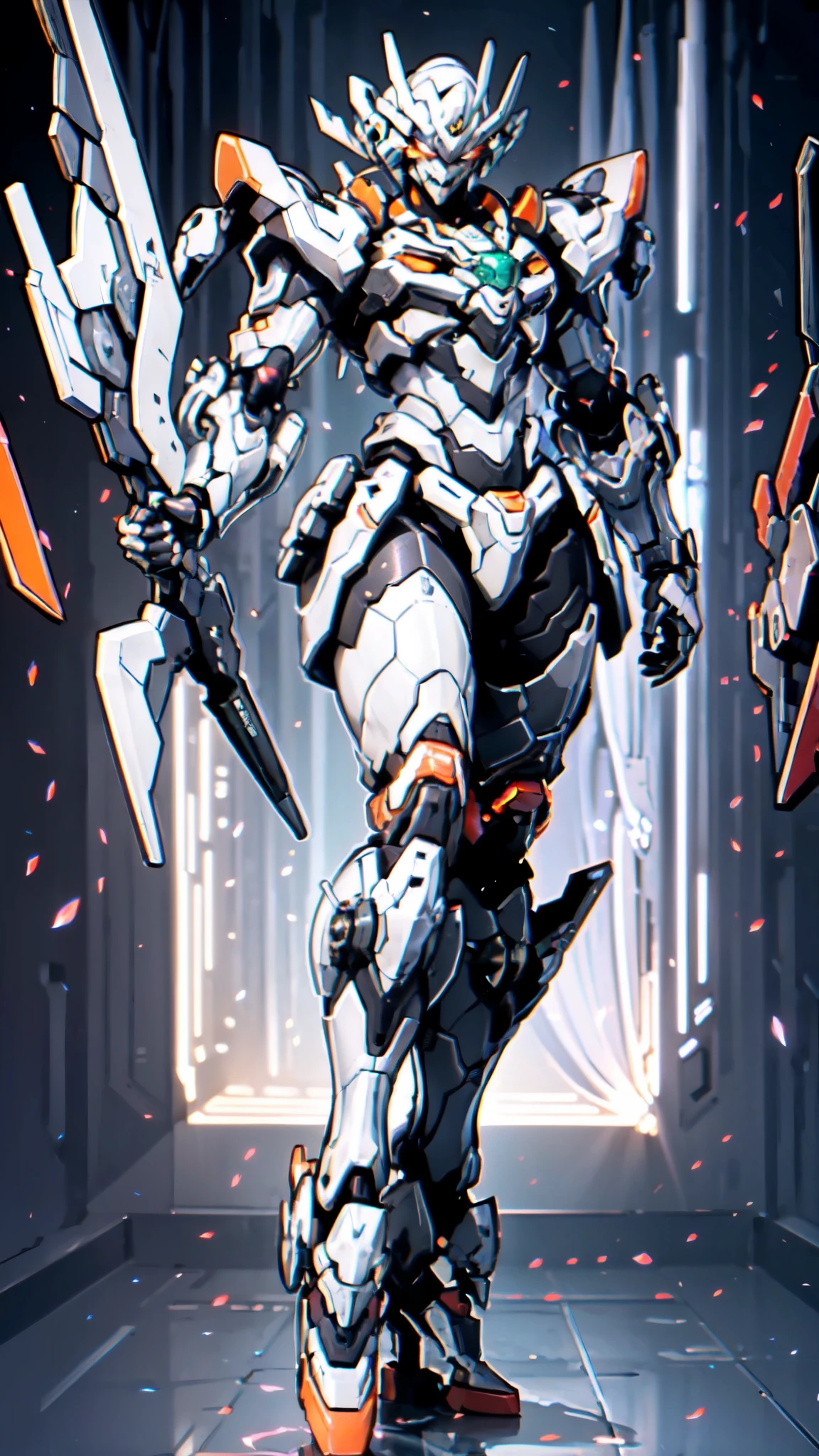 (masterpiece:1.5, best quality:1.5, extremely delicate:1.5), humanoid Mecha, fully enclosed shoulder guards, matching arm and leg guards, full body, full armor, the design balances heavy with agility, (the color scheme is primarily white with red and blue accents, the concept Inspired by Super robot, organic biotech armor, standing, floating high above the futuristic sci-fi city), exquisite and mature art style, (aura effect, energy, glowing eyes, the armor glows), metallic, dramatic, high definition, highres, ultra-detailed, ultra-fine painting, professional, perfect body proportions, anatomically correct, symmetrical face, extremely detailed eyes and face, high quality eyes, creativity, RAW photo, UHD, 32k, Natural light, cinematic lighting, masterpiece-anatomy-perfect