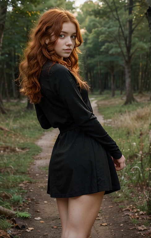 17 year old girl, Lovely, orange hair, very short, Very curly, slim, flat bust, with freckles on the face, with slavic features, with long sleeve black dress, whole body, shows her legs, In the woods.