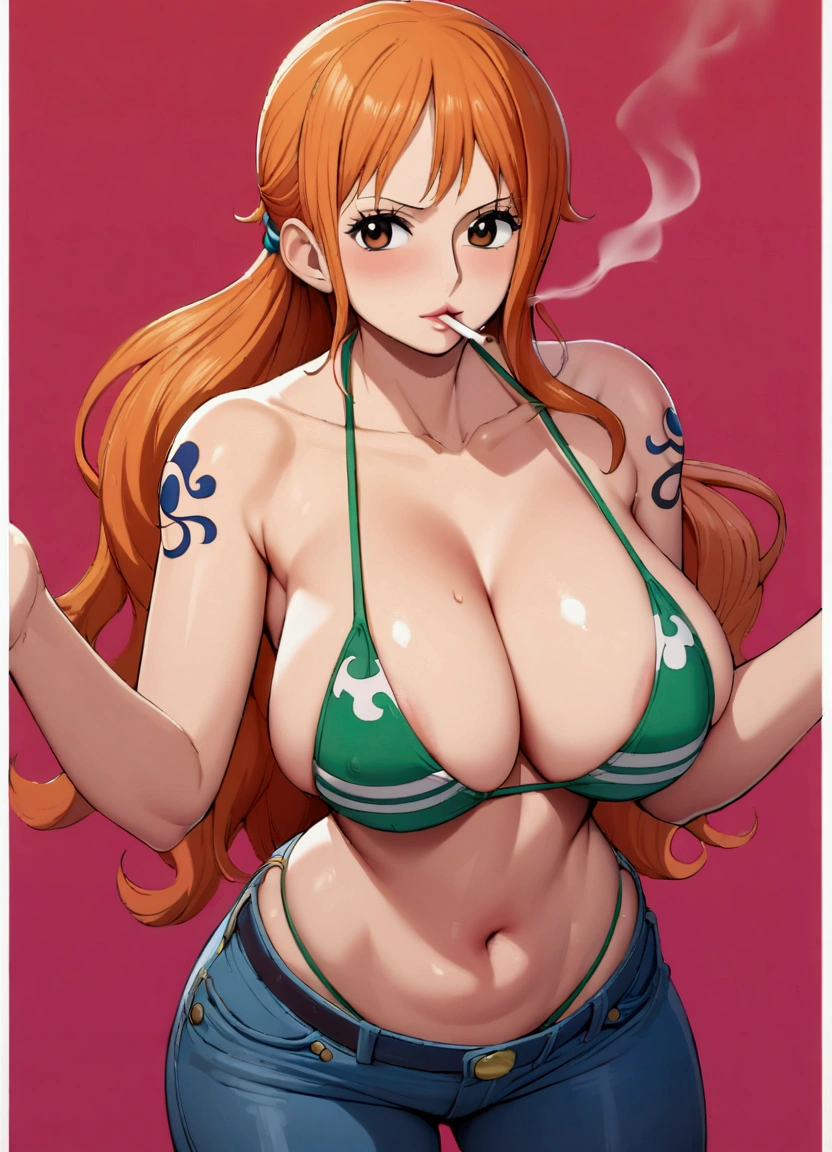 a woman with a big breast ,wearing a yellow dress, NUDE, BIG BOOBS ,beautiful portrait of nami, nami one piece, nami from one piece, nami, marin kitagawa fanart, anime style”, anime woman fullbody art, anime girl named lucy, she has long redorange hair, she has long orange brown hair, seductive anime girl, ”beautiful anime woman