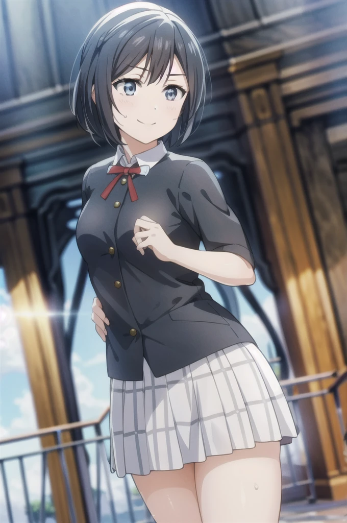 (Highest quality, masterpiece:1.2), One Girl, alone, anime, anime screencap, Ray Tracing, Global Illumination, ultra hi resolution picture, Bright colors, Cinematic Light, Lens flare, Light on the face, Glowing Eyes, Written boundary depth, Happy, Detailed Background, cute, straight, smile, View your audience, Outdoor, null, cloud,
Yuki Setuna, Cowboy Shot,short hair,Sweaty hands,Sweaty feet,Sweaty fingers,Sweaty body,Drooping sweat,Sweat-drenched,Face sweaty,Sweaty, shiny skin,Sweaty hair,hot,Sweaty hands,Foot sweat,Skin sweat