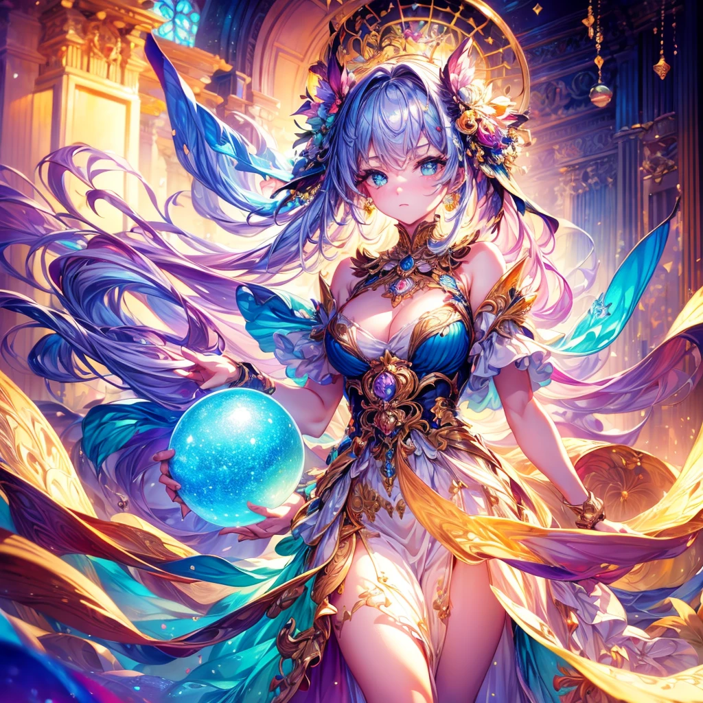 masterpiece, Highest quality, 8k resolution, Sharp focus, Intricate details, beautiful girl, Sparkling eyes, Golden ratio face, Otherworldly liquid, watercolor, ((pastel colour)), Bright colors, Whimsical, colorful, Sharp focus, High resolution, The finer details, ((Layered Ball Gown)), Rainbow bubbles